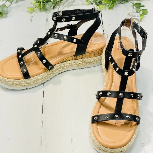 Rilista Shoes - Women's Studded Black Platform Wedges Espadrille Ankle T-Strap Sandals (sz 8)